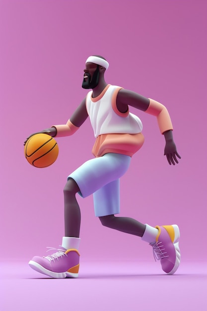 colorful graphical illustration of a 3D character playing basketball