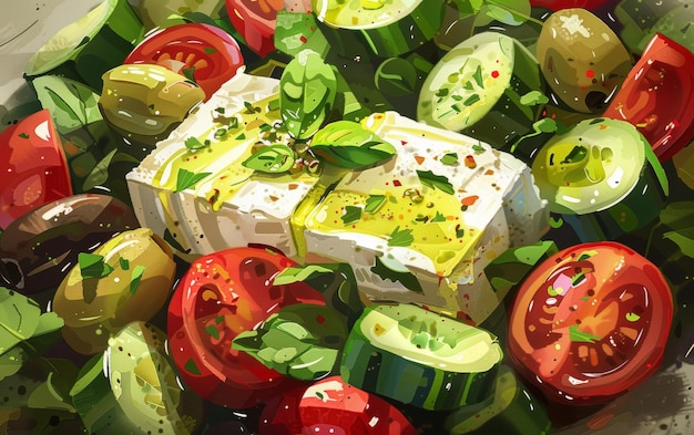 A colorful Greek salad with tomatoes cucumbers onions olives and feta cheese on a plate