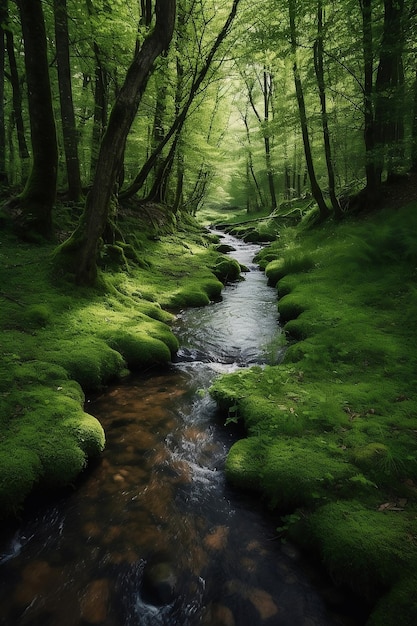 Colorful green forest with stream