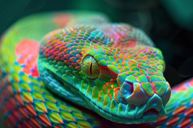 Photo colorful green snake resting showing its scales and eye