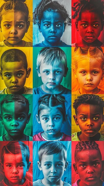 Photo colorful grid of child portraits with 25 photos