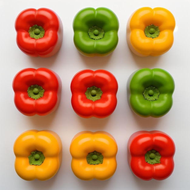 Photo a colorful grid of fresh red yellow green and orange bell peppers on a white background