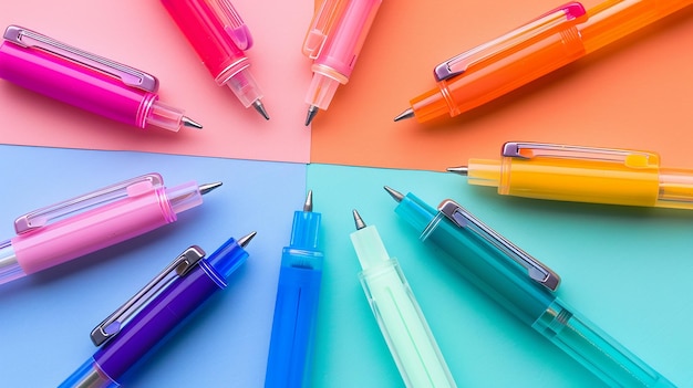 a colorful group of colored pens on a colorful table