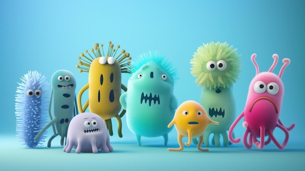 A colorful group of nine cute fuzzy cartoon monsters with unique shapes and facial expressions set against a blue background