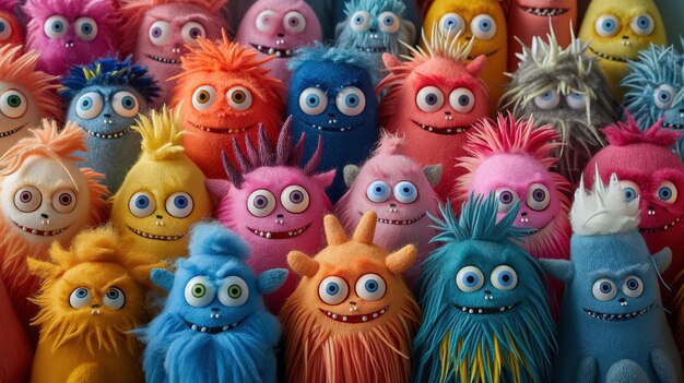 Photo colorful group of playful fluffy monster toys with big eyes and vibrant fur