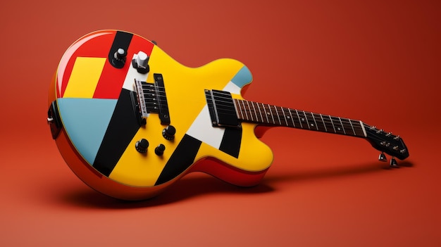 A colorful guitar with a black strap and a white and yellow guitar on the top