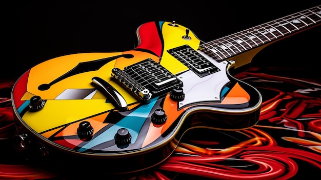 A colorful guitar with a black strap and a white and yellow guitar on the top