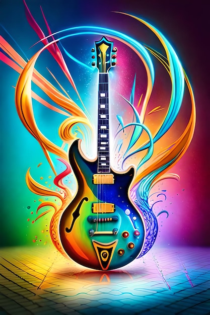 A colorful guitar with a rainbow background and the word music on it.