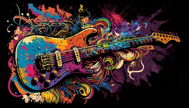 A colorful guitar with a rainbow background