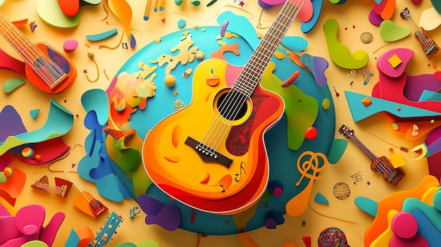 a colorful guitar with a yellow bird on the front