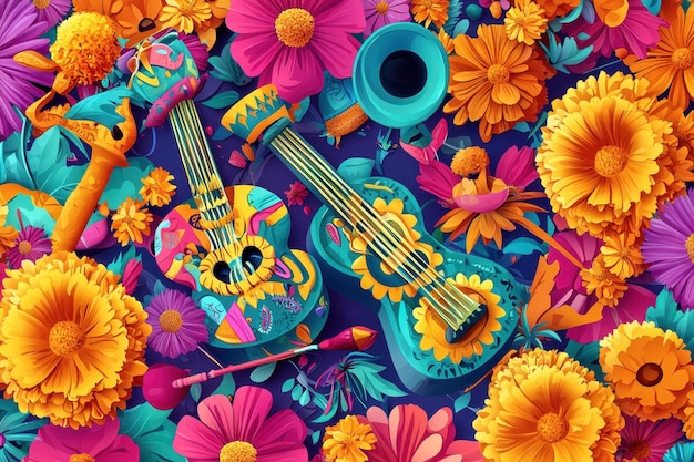 Colorful Guitars and Flowers