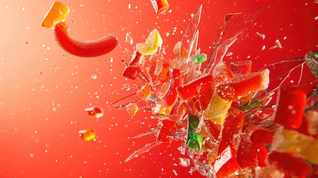 Photo colorful gummies exploding against glass shards on red backdrop