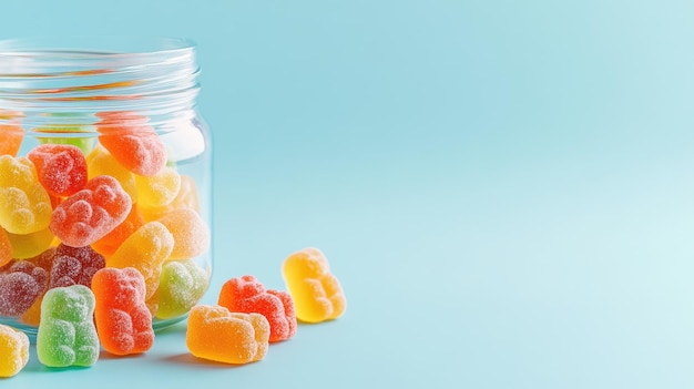 Photo colorful gummy bears in a glass jar against a pastel blue background