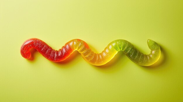 Photo colorful gummy worm candy on yellow background