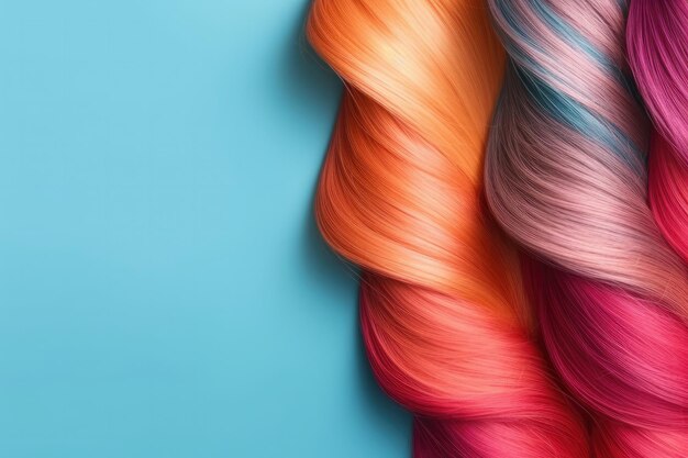 Colorful hair on blue background Top view Copy space