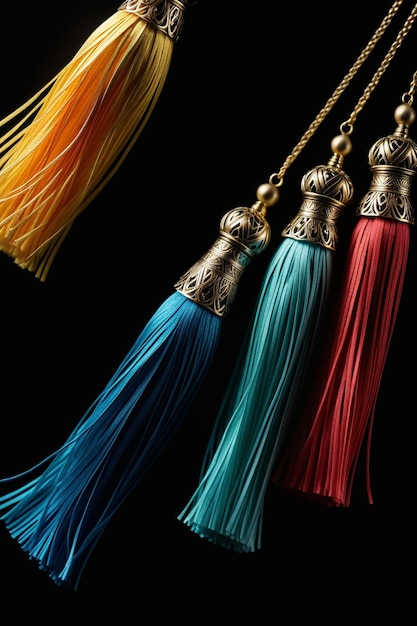 Photo a colorful hair clip with a gold and blue tassel on the bottom