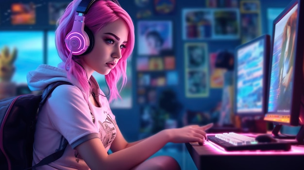 colorful hair headphones girl gamer illustration gamer girl gaming illustration women gamers female