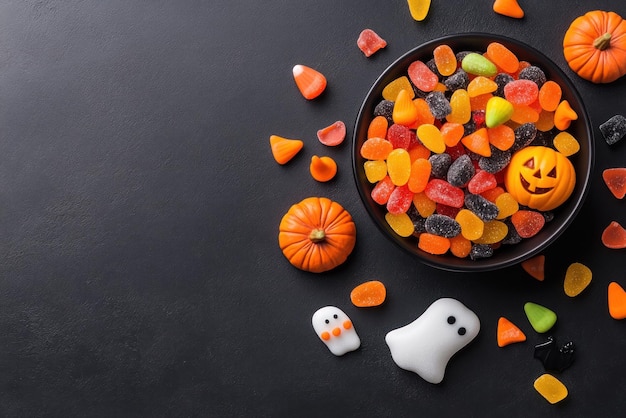 Photo colorful halloween candy assortment in a bowl on a dark background