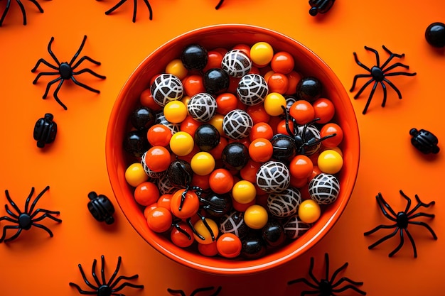 Colorful Halloween candy in a black spider web bowl on an orange background