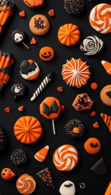 Photo colorful halloween candy and cookies on charcoal background perfect for spooky season decorations generative ai