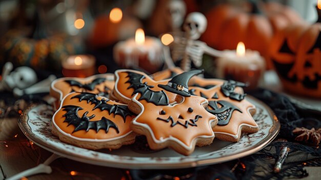 Photo colorful halloween cookies decorated with pumpkins bats and witch hats for a festive treat