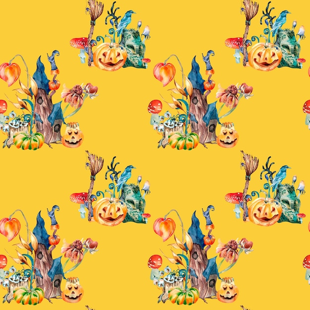 Colorful Halloween fairy house watercolor seamless pattern isolated on yellow