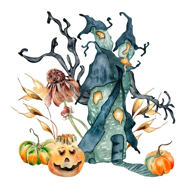 Colorful Halloween print with haunted house watercolor illustration isolated on white