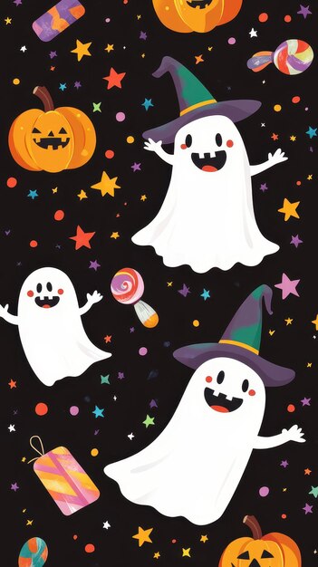 Colorful Halloween scene features happy ghosts a witch pumpkins candy and playful stars