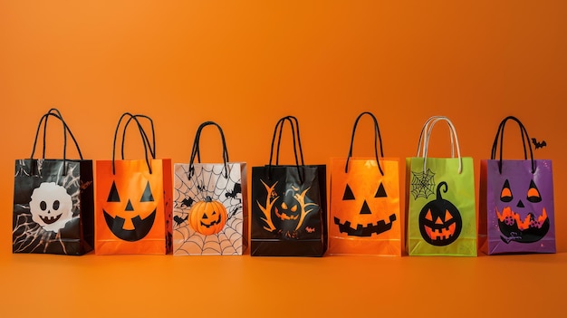 Photo colorful halloween shopping bags with spooky designs on an orange backdrop leaving room for messaging