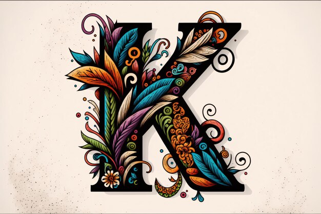 Colorful hand drawn capital letter K with flowers and leaves Vector illustration