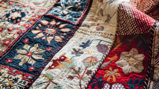 Colorful Handcrafted Patchwork Quilt with Floral Embroidery Patterns