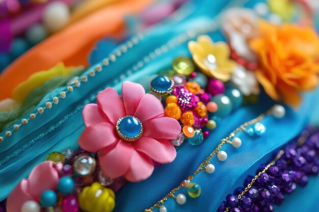 Colorful handcrafted textile with vibrant flowers and embellishments displayed on fabric