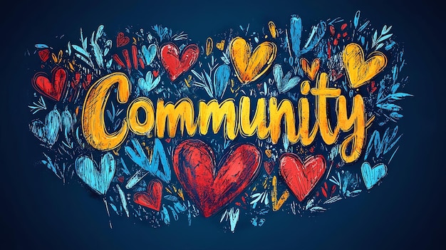 Colorful handdrawn community lettering with heart illustrations