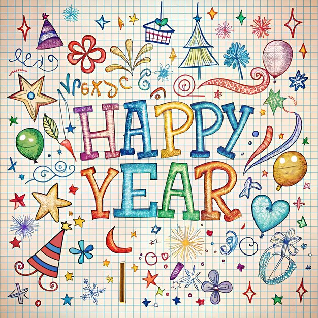 Photo colorful handdrawn happy year greeting on notebook paper