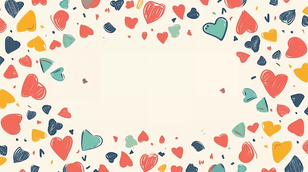 Colorful Handdrawn Hearts Scattered Around White Background