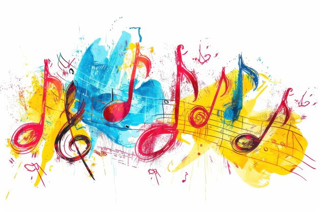 Photo colorful handdrawn music notes and symbols on a white background creating a lively and artistic musical theme