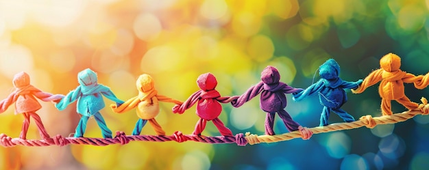 Colorful handmade dolls are holding hands and standing on a rope symbolizing unity and teamwork