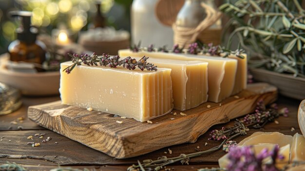 Colorful handmade soap bars with natural ingredients with dried flowers