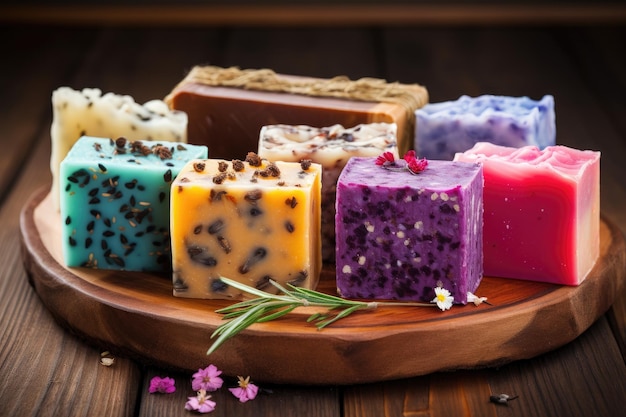 Colorful handmade soap bars on a wooden surface