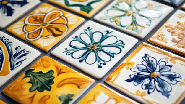 Photo colorful handpainted ceramic tiles showcasing floral designs arranged in a decorative pattern on a gray background