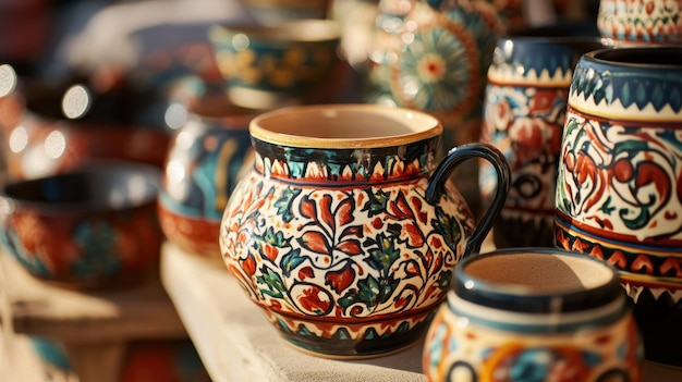 Photo colorful handpainted pottery displayed at a market stall in the afternoon sun showcasing intricate designs and craftsmanship