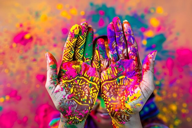 Photo colorful hands covered in holi powder