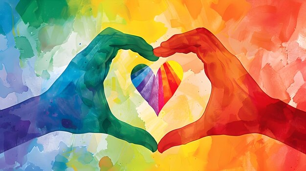 Colorful Hands Forming a HeartShaped Gesture in a Vibrant Rainbow Background