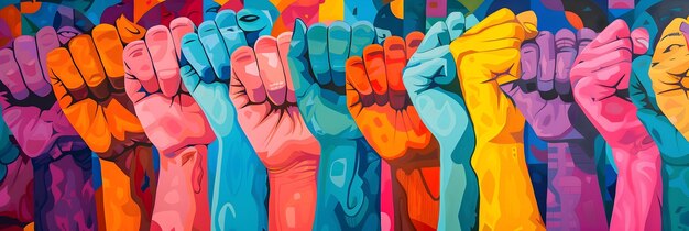 Colorful Hands United in Feminist Style To inspire empowerment and unity through a modern colorful depiction of hands in a feminist perspective