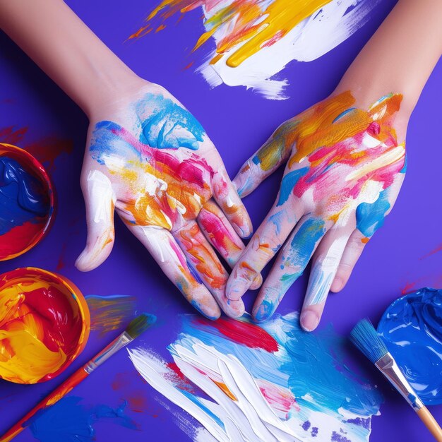 Photo colorful hands with paint on purple background