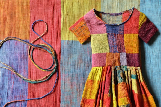 Photo colorful handwoven patchwork fabric with matching dress