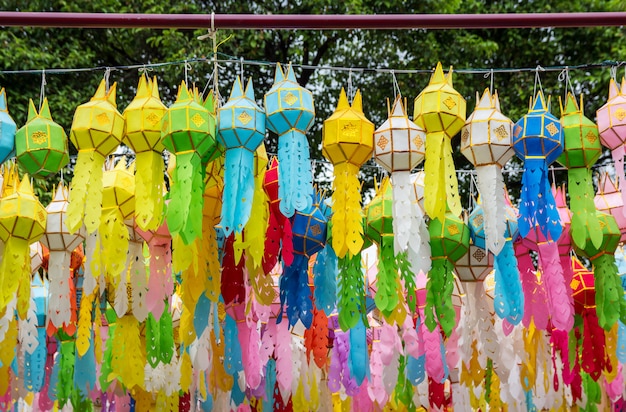 Colorful hanging lanterns lighting in loy krathong festival at northern of thailand