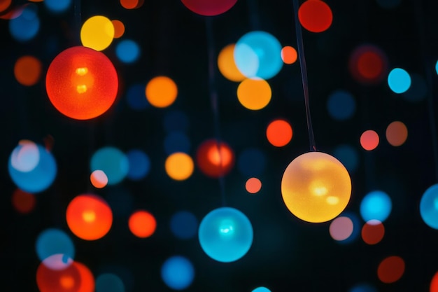 Colorful Hanging Lights in a Dark Background