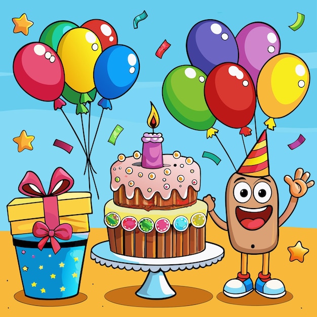 Colorful Happy Birthday Illustration Balloons Cake and Gifts