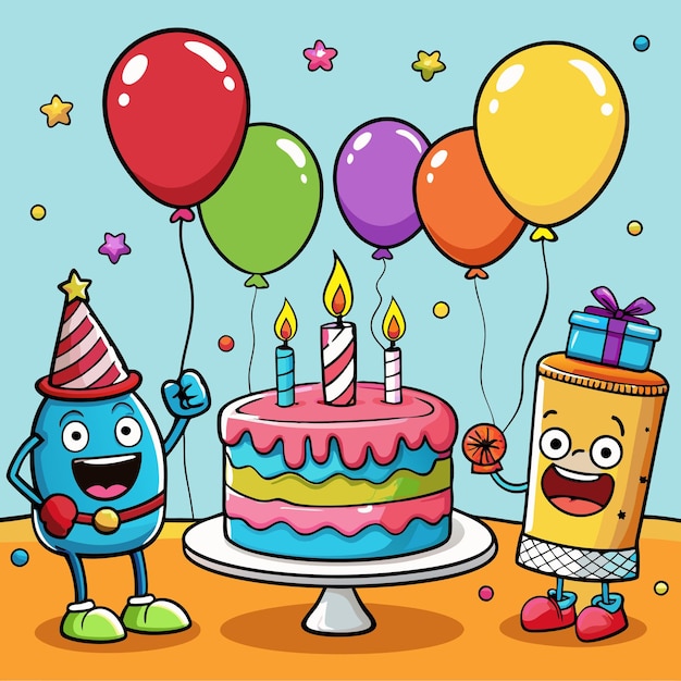 Colorful Happy Birthday Illustration Balloons Cake and Gifts